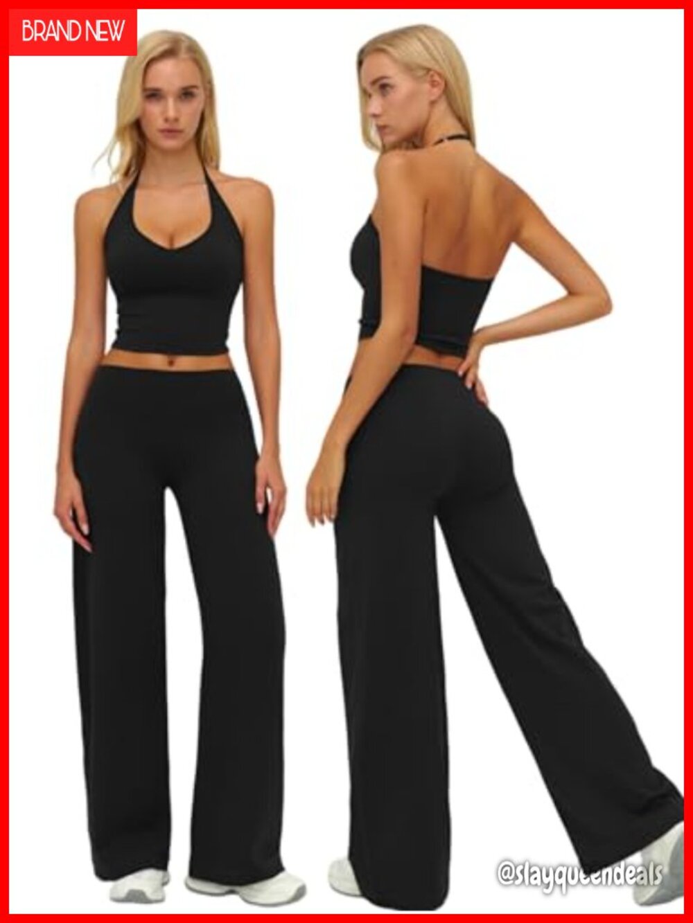 Women 2 Piece Workout Set Halter Tank Top Wide Leg Leggings Buttery Soft